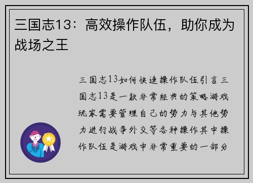 三国志13：高效操作队伍，助你成为战场之王